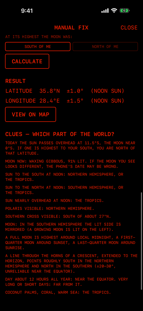RESULT。LATITUDE と LONGITUDE、VIEW ON MAP、CLUES