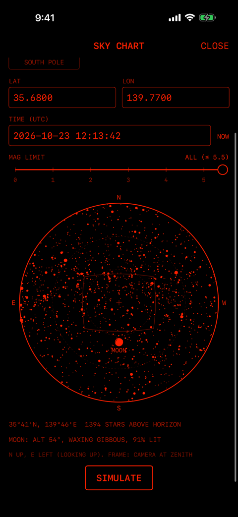 SKY CHART の下の部分。星の数、MOON の行、SIMULATE