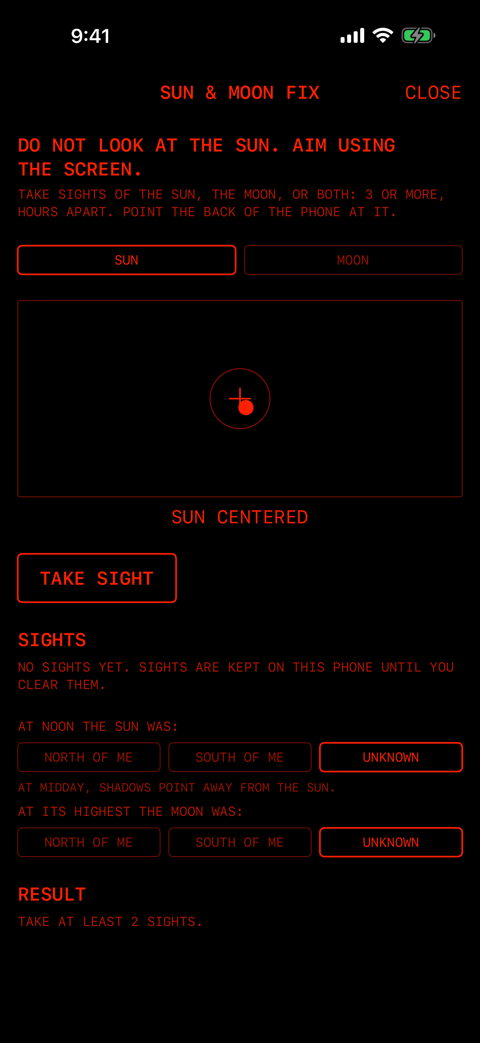 SUN & MOON FIX を開いたところ。注意、SUN と MOON、狙いの枠、TAKE SIGHT、SIGHTS、手がかり、RESULT