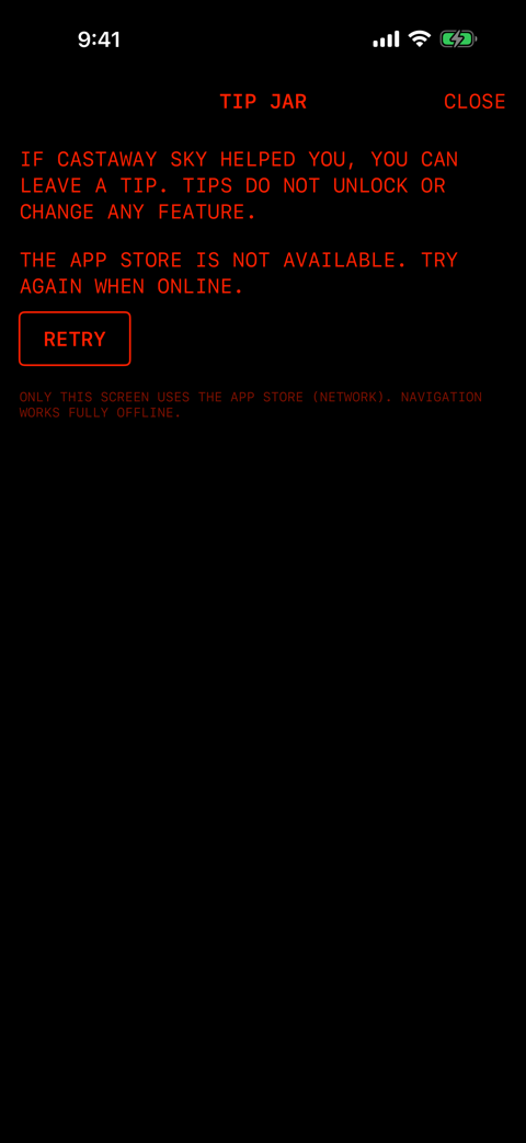 TIP JAR。App Store につながらないときの表示と RETRY