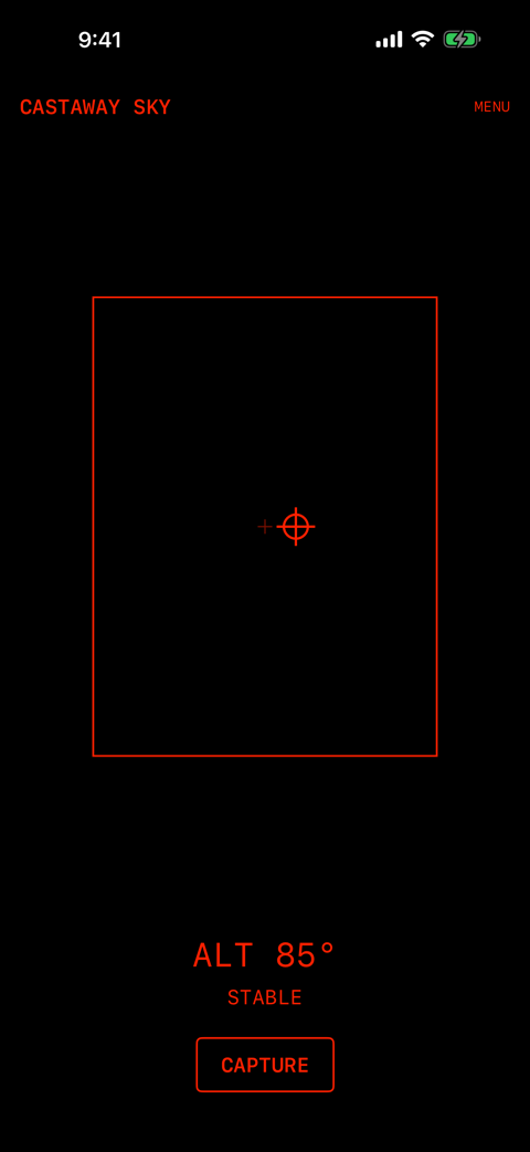 Aim の画面。カメラの向きを示す枠と天頂の十字、ALT 85° STABLE と CAPTURE